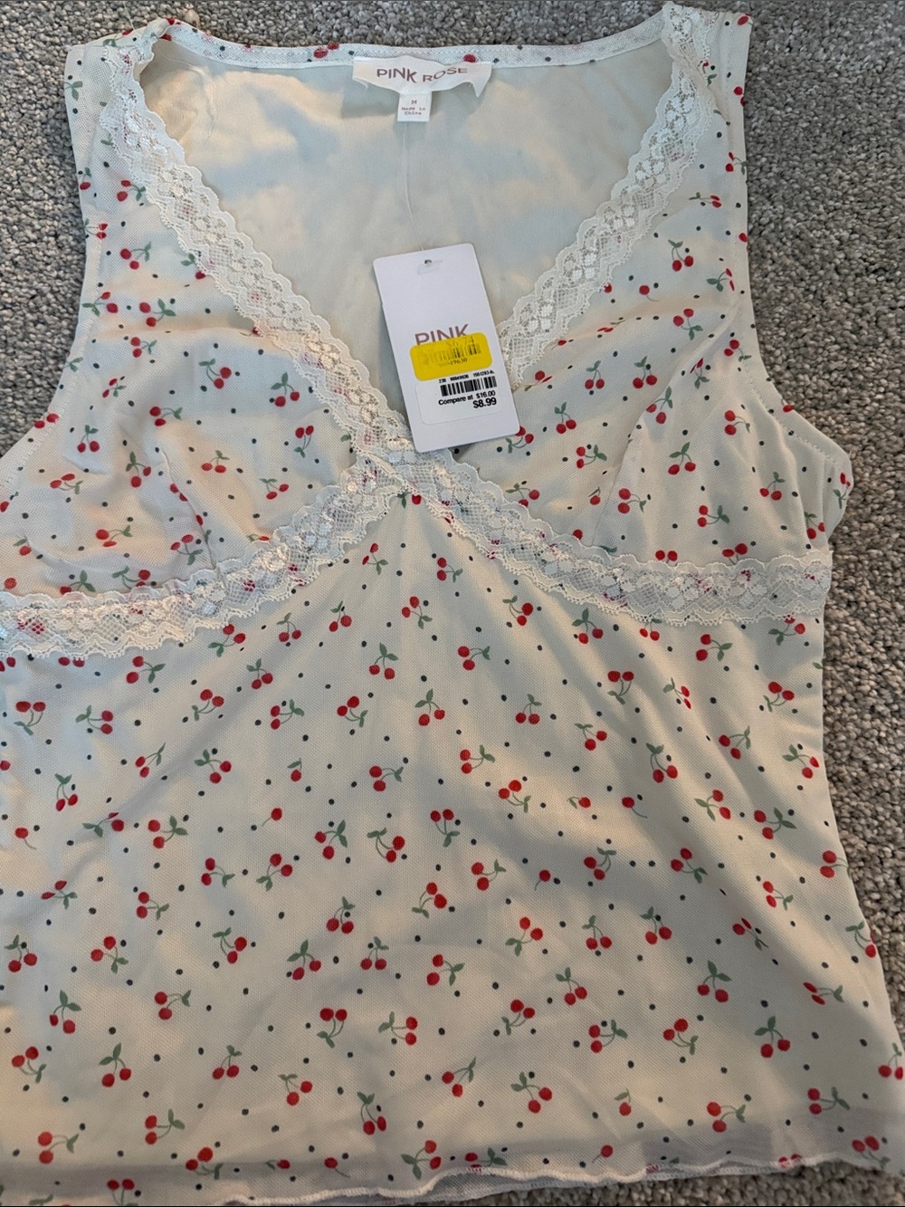 Pink Rose Cream Tank Top with Red Cherry Print and Green Leaves